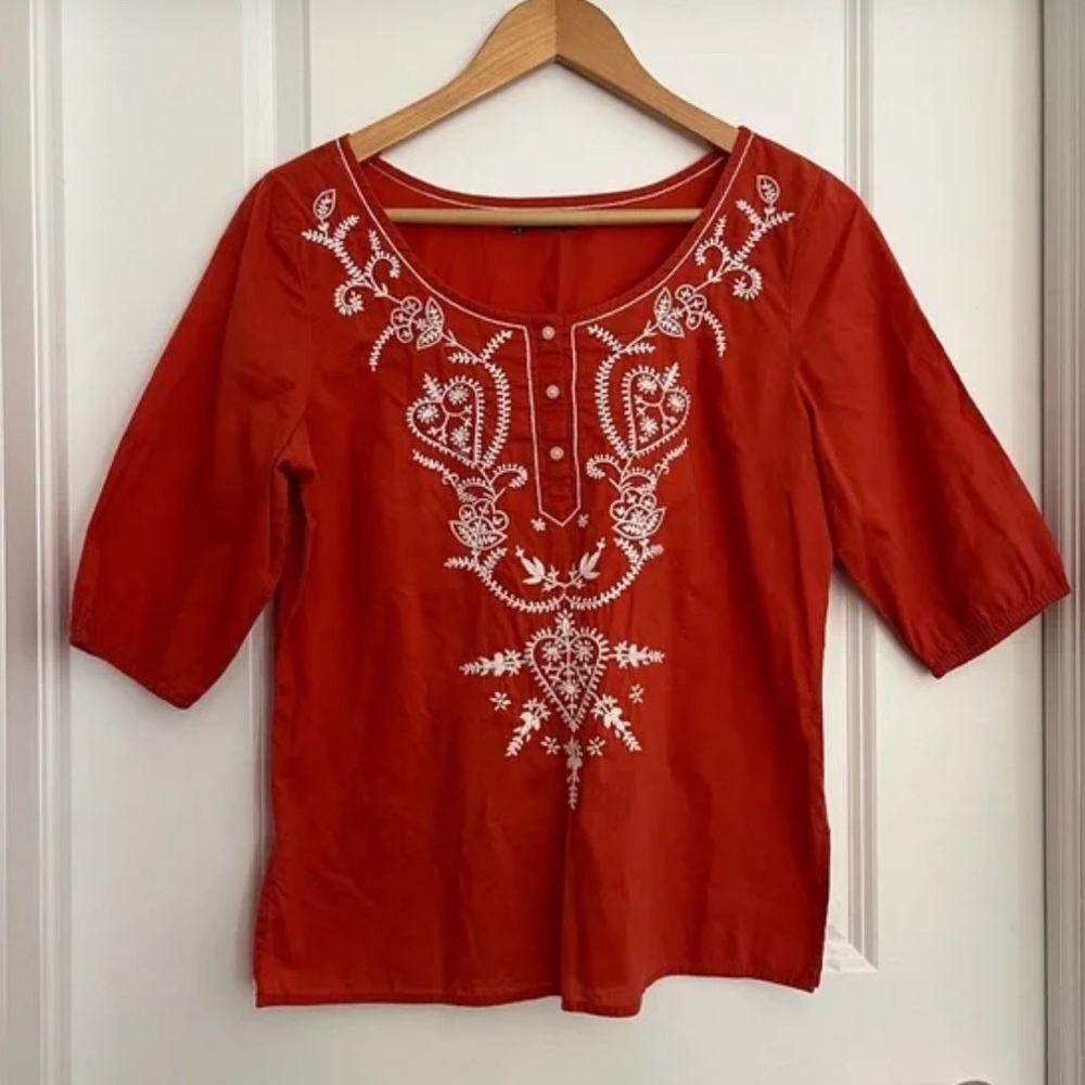 EUC GAP Burnt Orange Boho Embellished 3/4 Sleeve Tunic Blouse W/Buttons.Size M.